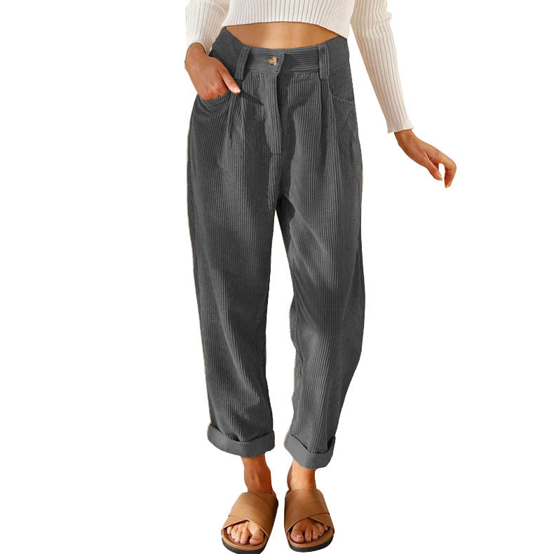 Damen Hochtaillierte Kordhose mit Falten, lockerer Passform und umgeschlagenem Saum Shop Nory
