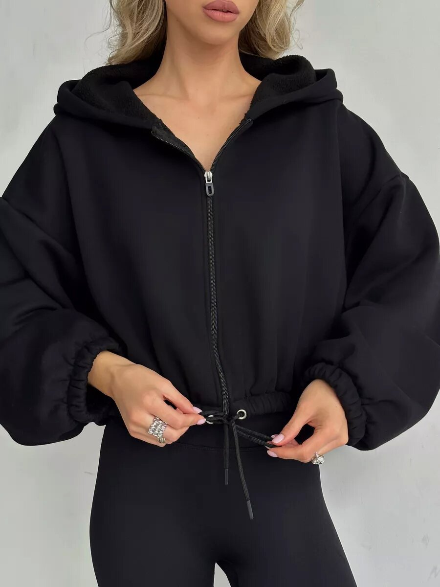 Damen Sportlicher Cropped Hoodie mit Reißverschluss und Kordelzug