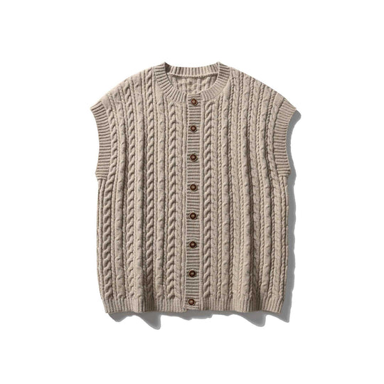 Damen Ärmellose Zopfmuster-Strickweste mit Holzknöpfen und geripptem Saum Shop Nory