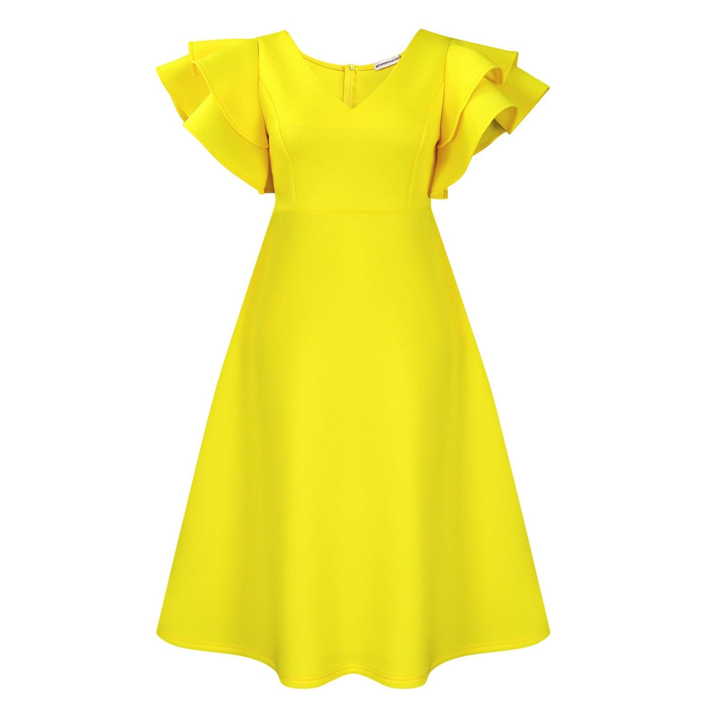 Damen Cocktailkleid A-Linie V-Ausschnitt Volantärmel