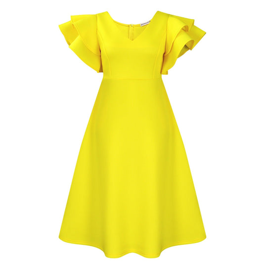 Damen Cocktailkleid A-Linie V-Ausschnitt Volantärmel