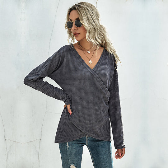 Damen Waffelstrick‑Wickelshirt mit V-Ausschnitt und langer Oversize-Ärmelpassform Shop Nory