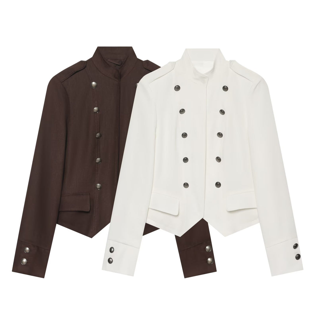 Damen Kurze militärisch-inspirierte Doppelreihige Jacke mit Stehkragen und Pattentaschen Shop Nory