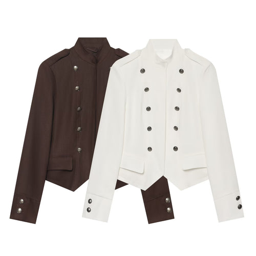 Damen Kurze militärisch-inspirierte Doppelreihige Jacke mit Stehkragen und Pattentaschen Shop Nory