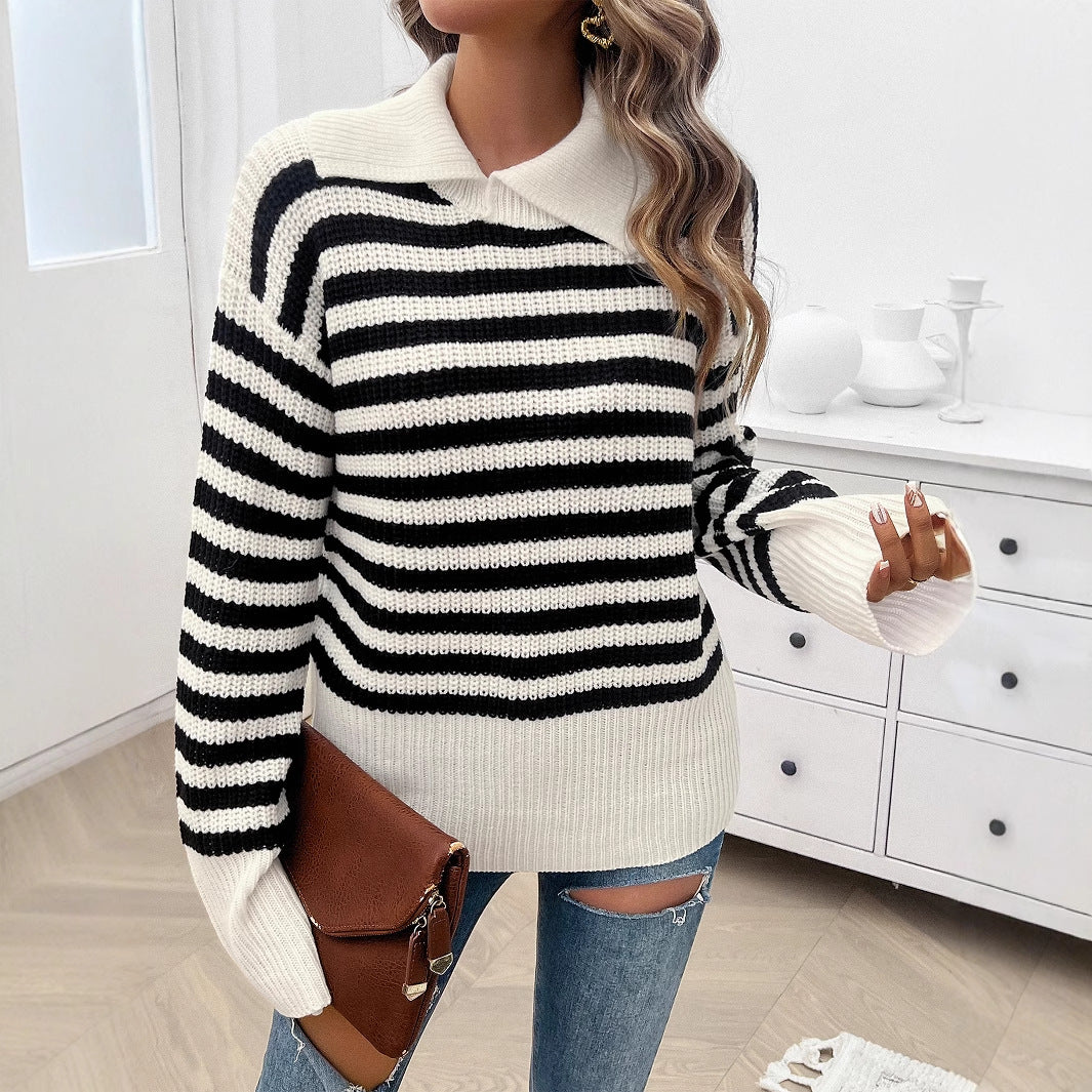 Damen nan gestreifter Polokragen-Strickpullover mit weitem Saum und ausgestellten Bündchen Shop Nory