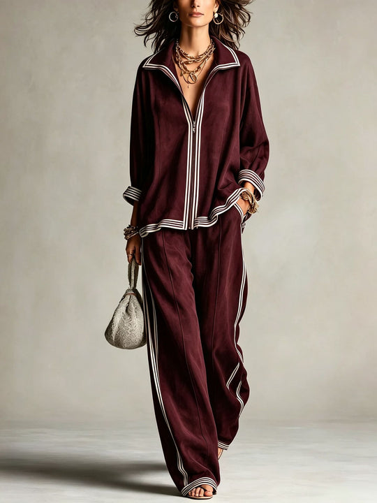 Damen Lässiges Velours-Jogginganzug-Set mit Reißverschluss und Kontraststreifen Shop Nory