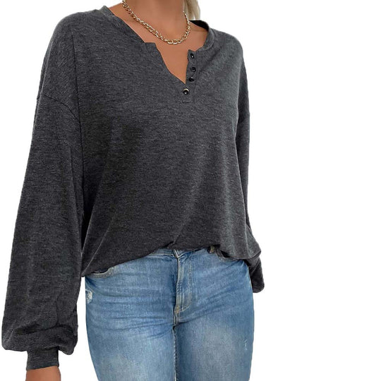 Damen lässiges Oversize-Henley-Longsleeve mit V-Knopfleiste und Ballonärmeln Shop Nory