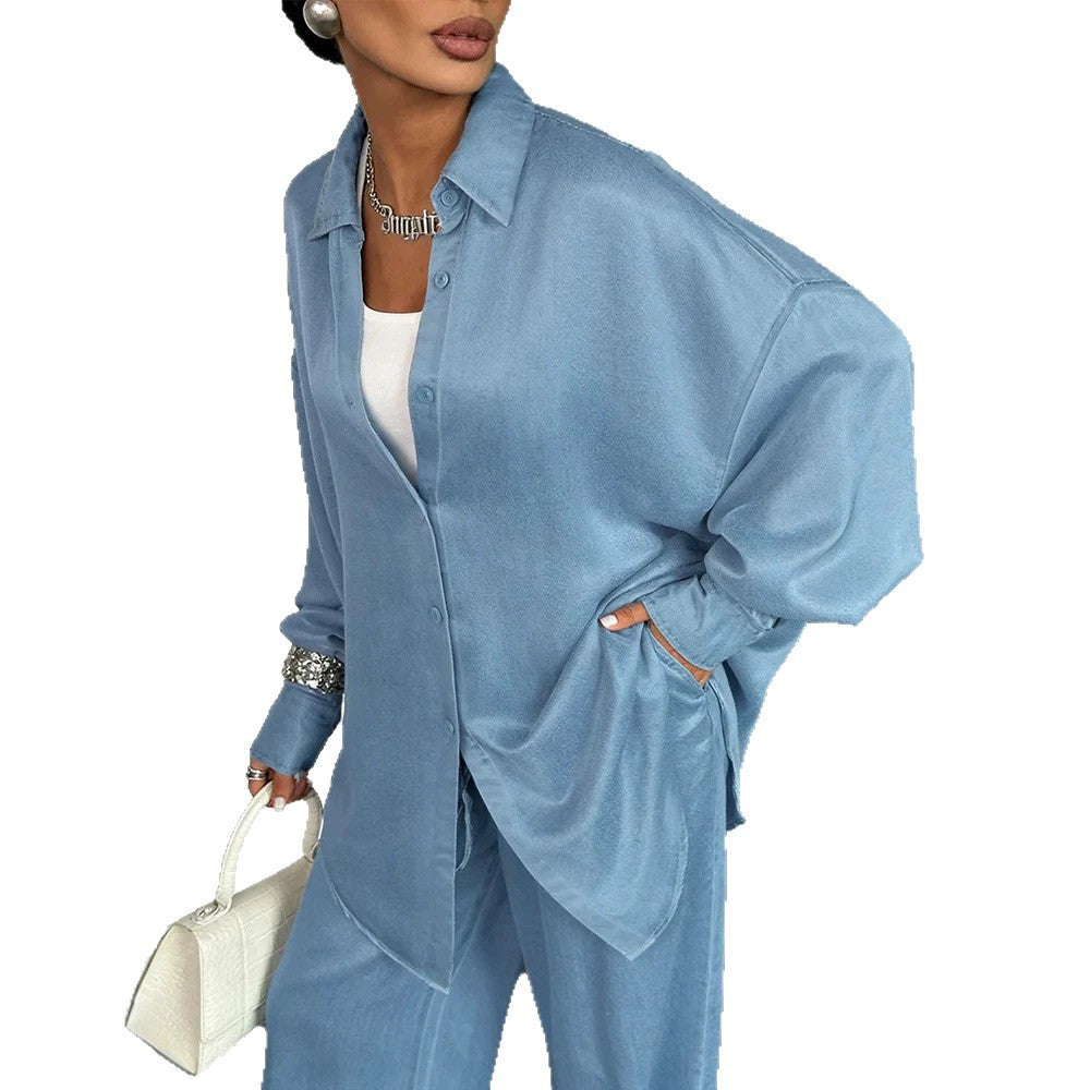 Damen Zweiteiliges Oversize-Hemd- und Palazzo-Set im fließenden Denim-Look Shop Nory