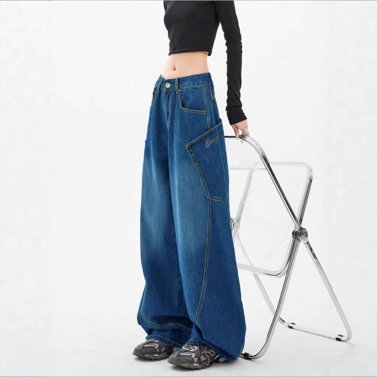 Damen Weite High-Waist Balloon-Jeans mit Utility-Taschen und kontrastierenden Nähten Shop Nory