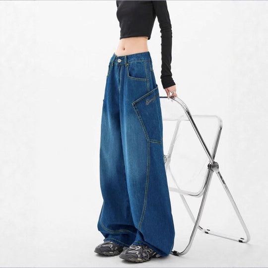 Damen Weite High-Waist Balloon-Jeans mit Utility-Taschen und kontrastierenden Nähten Shop Nory