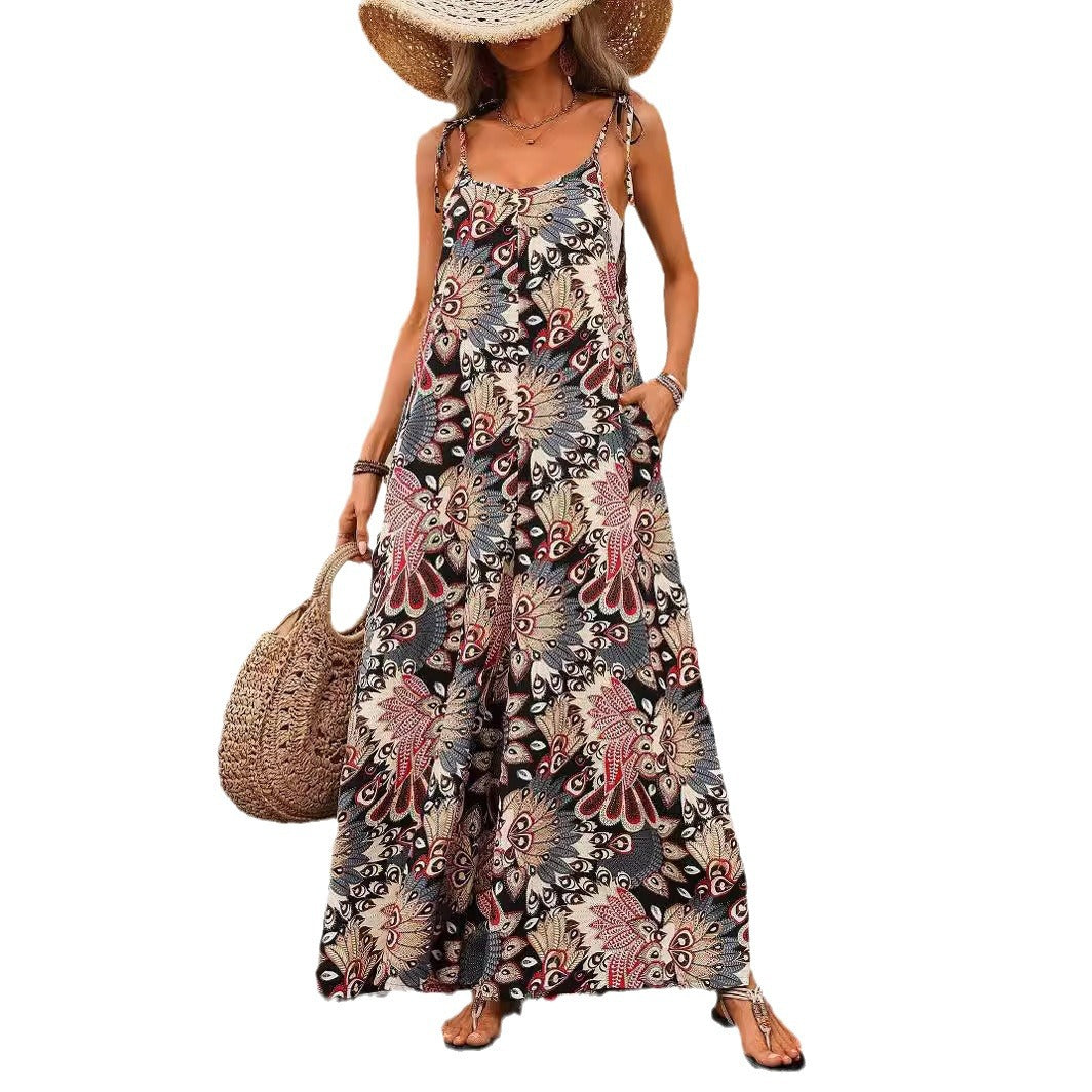 Damen Weiter Palazzo-Overall mit verstellbaren Trägern, Seitentaschen und Boho-Print Shop Nory