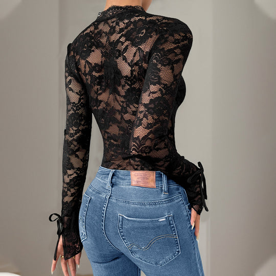 Damen Figurbetonter Spitzen-Body mit semi-transparentem Blumenmesh, V-Ausschnitt & Bindärmeln Shop Nory