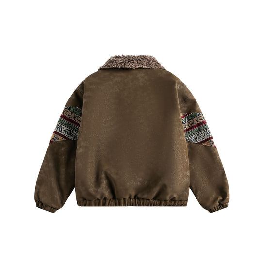 Damen Kurzer Suede-Bomber mit Kunstfellkragen und Ethno-Webeinsätzen Shop Nory