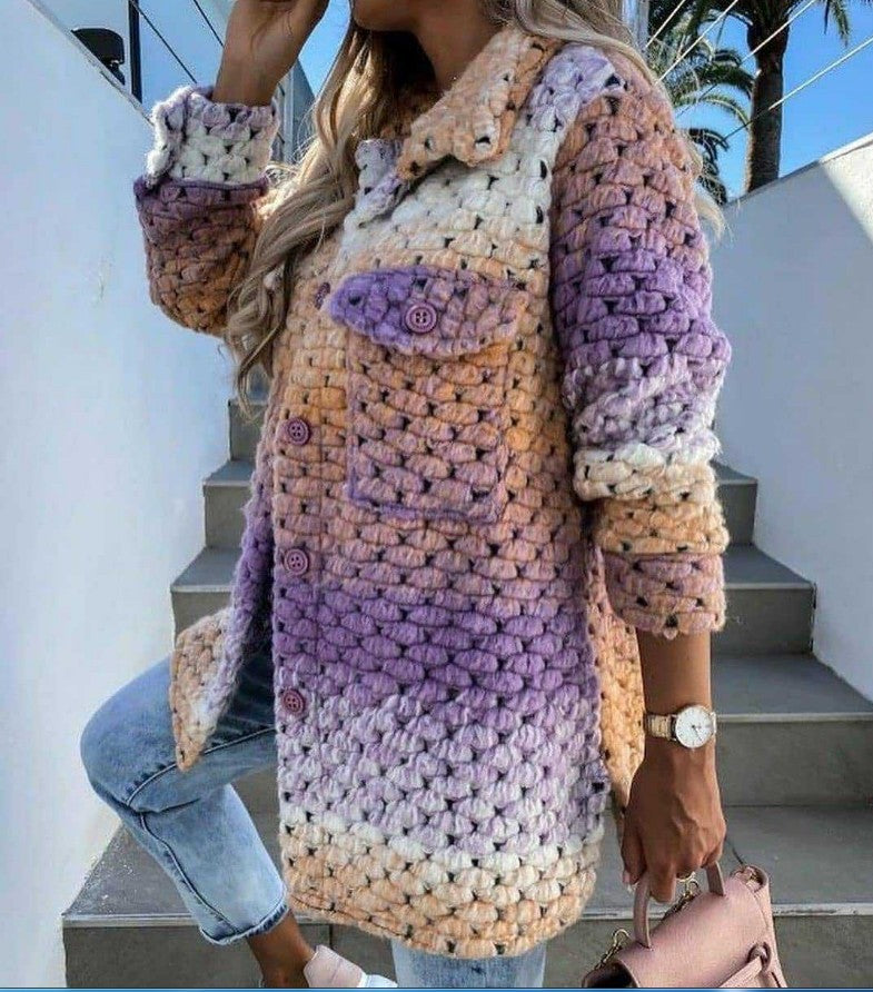 Damen Gehäkelte Oversize-Strickjacke mit Farbverlauf, Knopfleiste und aufgesetzten Taschen Shop Nory