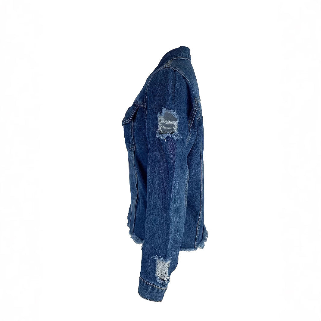 Damen Kurz geschnittene Denim-Jacke im Trucker‑Stil mit Fransenbesatz Shop Nory