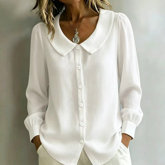 Damen Locker geschnittene Bluse mit Rundkragen, Puffärmeln und Perlmuttknopfleiste Shop Nory