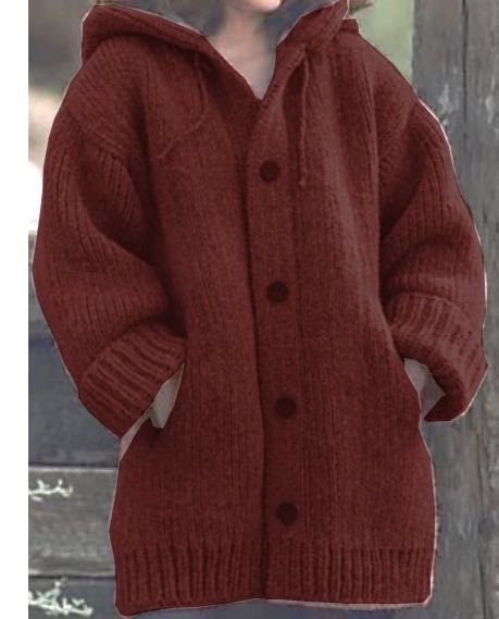Damen weit geschnittener Kapuzen-Strickmantel mit Knopfleiste und Eingrifftaschen Shop Nory