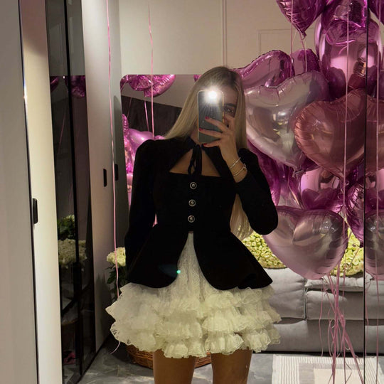 Damen Zweiteiliges Samt‑Blazerkleid mit Schleifenkragen und gestuftem Spitzenrock Shop Nory