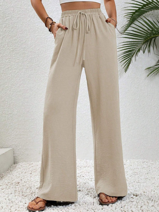 Damen Leichte, weit geschnittene Strandhose mit Elastikbund, Kordelzug und Seitentaschen Shop Nory