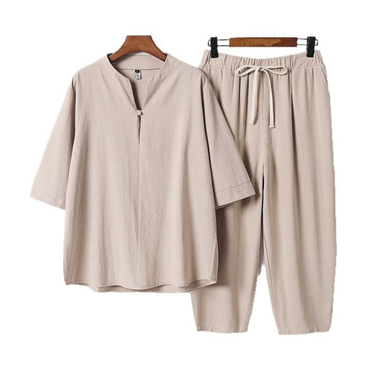 Damen Leichtes Leinen-Baumwoll-Loungewear-Set mit Stehkragen, Dreiviertelärmeln und Gummizugbundhose Shop Nory