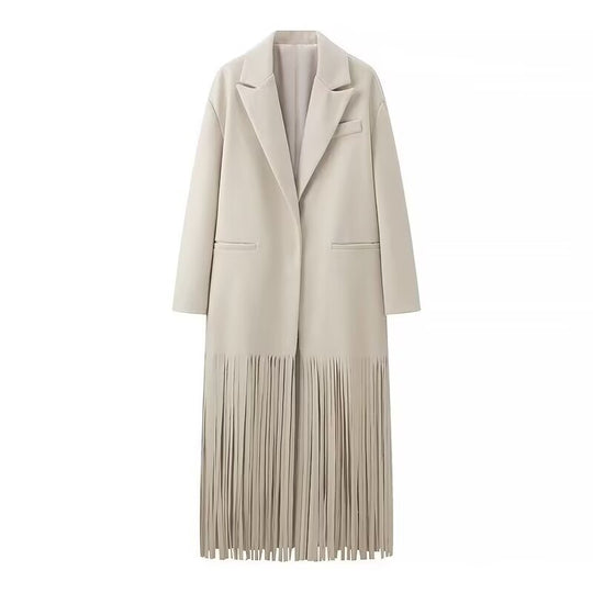 Damen Langmantel mit langem Fransen‑Saum, kastiger Oversize‑Silhouette und Reverskragen Shop Nory