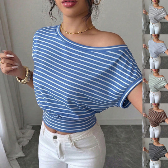 Damen Gestreiftes Off-Shoulder Cropped Shirt mit tailliertem Bund Shop Nory