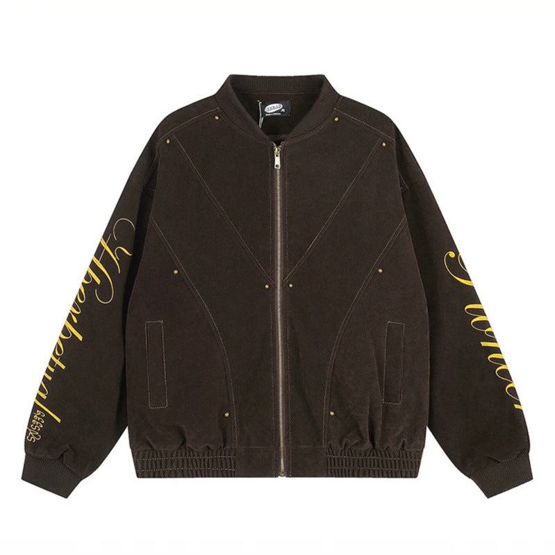 Damen Oversize-Bomberjacke im Velours-Look mit Script-Ärmeln und Metallnieten Shop Nory