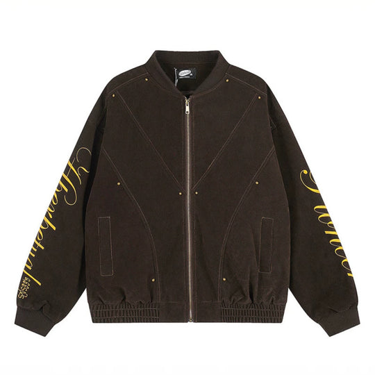 Damen Oversize-Bomberjacke im Velours-Look mit Script-Ärmeln und Metallnieten Shop Nory