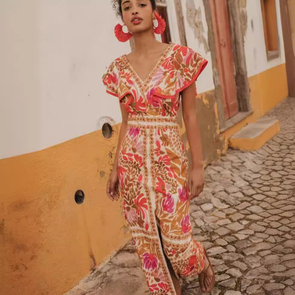 Damen Maxikleid mit farbenfrohem floralem Muster und Volantärmel