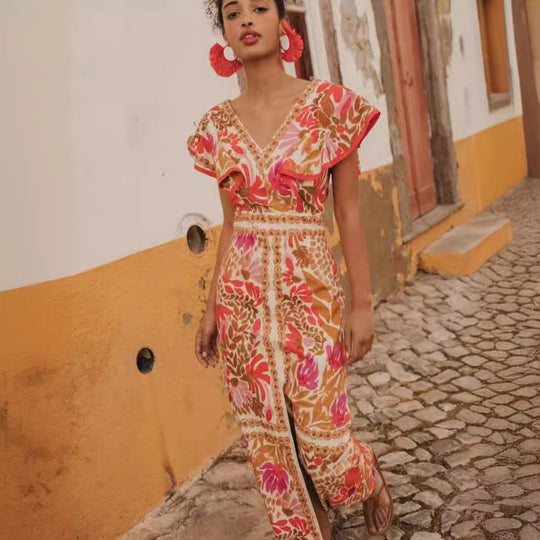 Damen Maxikleid mit farbenfrohem floralem Muster und Volantärmel