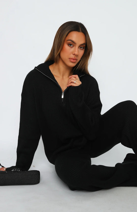 Damen geripptes Strick‑Loungewear‑Set mit halbem Reißverschluss und High‑Waist Leggings Shop Nory