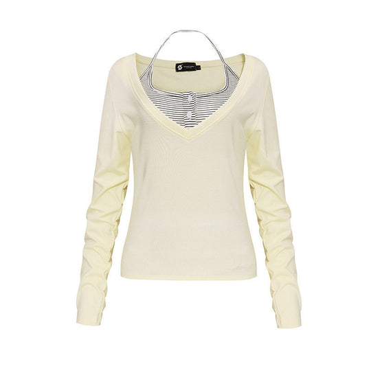 Damen Langarm-Shirt mit doppeltem Layer‑Effekt, tiefem V‑Ausschnitt und gestreiftem Einsatz Shop Nory