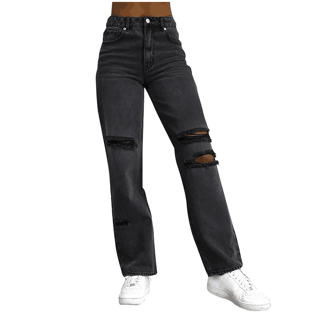 Damen High-Waist Ripped Jeans mit fransigen Details