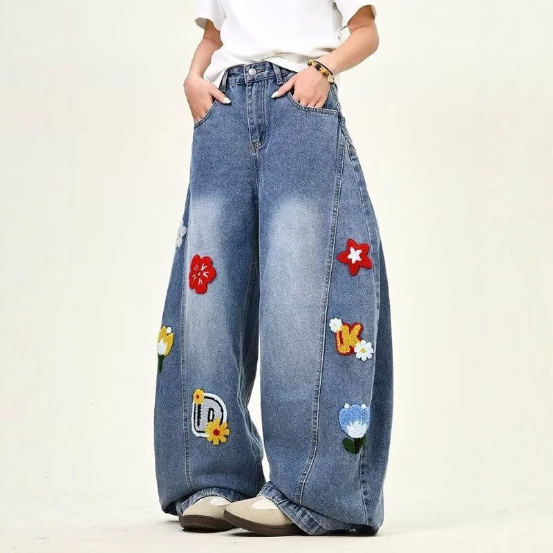 Damen Weitgeschnittene Blumen-Applikationen Jeans Shop Nory