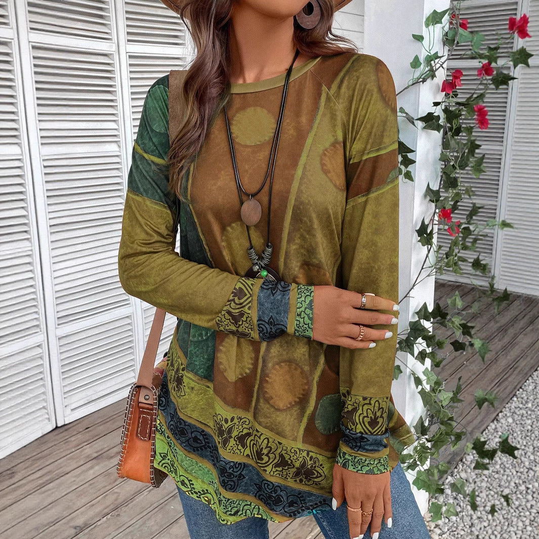 Damen Langarmshirt mit Boho-Print und Patchwork-Ärmeln Shop Nory