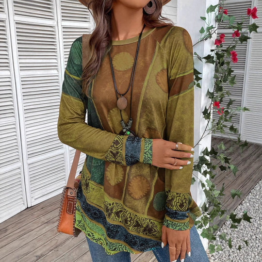Damen Langarmshirt mit Boho-Print und Patchwork-Ärmeln Shop Nory