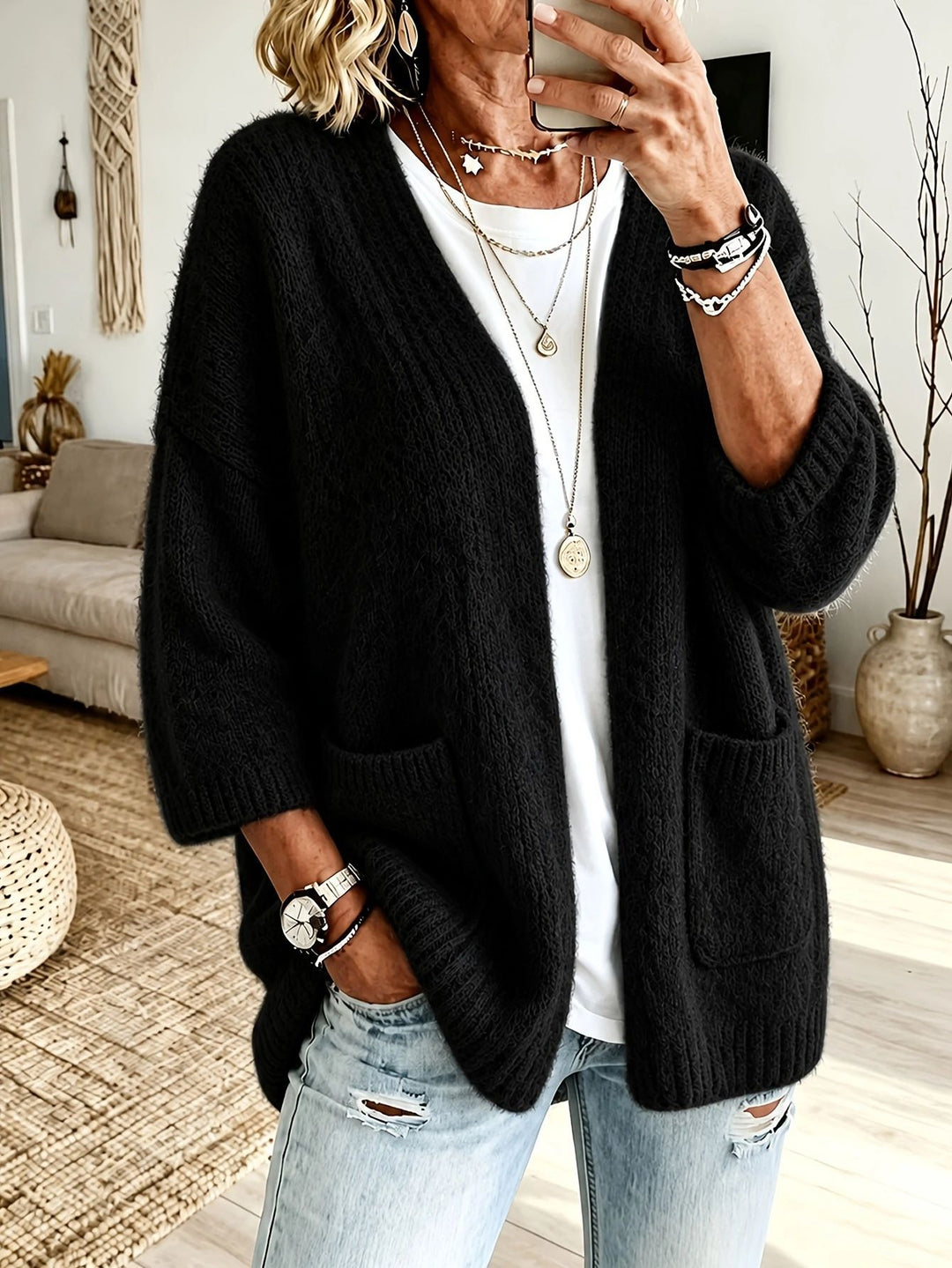 Damen Offener Longcardigan im Mohair-Look mit aufgesetzten Taschen und überschnittener Schulter Shop Nory