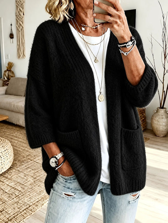 Damen Offener Longcardigan im Mohair-Look mit aufgesetzten Taschen und überschnittener Schulter Shop Nory