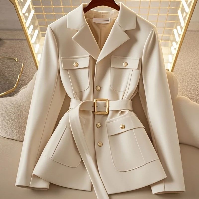 Damen Modischer Blazer mit Taillengürtel und Taschen Shop Nory