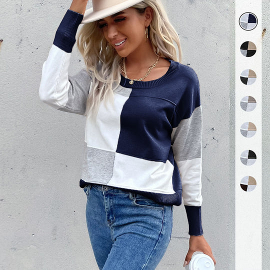 Damen Legerer Feinstrick-Pullover im Blockkaro mit geripptem Saum und lässiger Passform Shop Nory