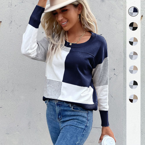 Damen Legerer Feinstrick-Pullover im Blockkaro mit geripptem Saum und lässiger Passform Shop Nory