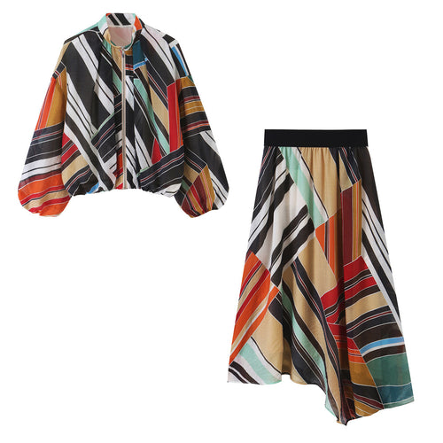 Damen Leichte Oversize-Bomberjacke mit geometrischem Print, Ballonärmeln und Reißverschluss Shop Nory