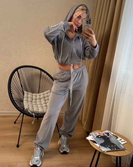 Damen Samtiges Cropped-Zip-Hoodie-Set mit Tunnelzugbund und weitem Lounge-Sweathose Shop Nory
