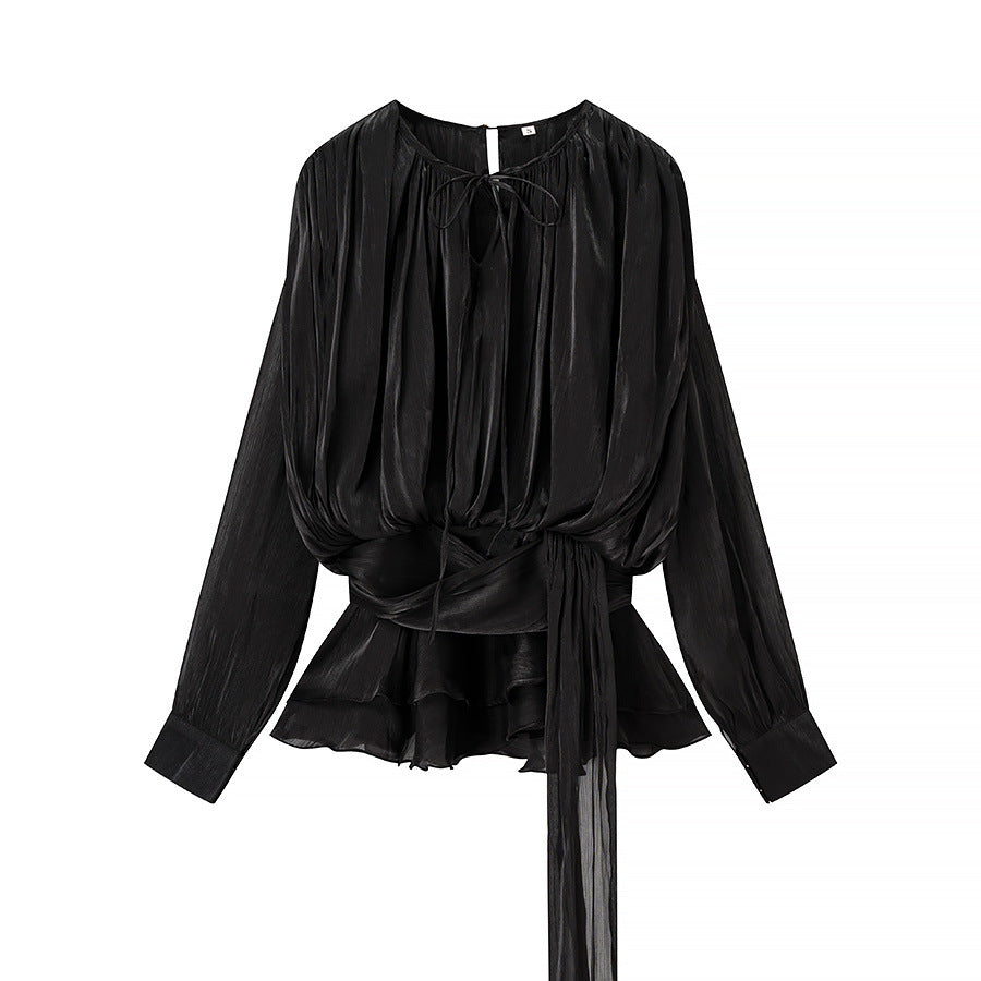 Damen Chiffon-Bluse mit drapierter Korsagen-Optik, Volant‑Peplum und Bindegürtel Shop Nory