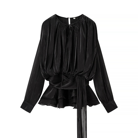 Damen Chiffon-Bluse mit drapierter Korsagen-Optik, Volant‑Peplum und Bindegürtel Shop Nory