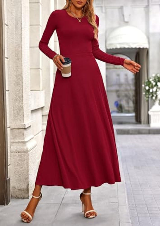 Damen Langärmeliges Maxikleid mit tailliertem Oberteil und fließendem A-Linien-Rock Shop Nory