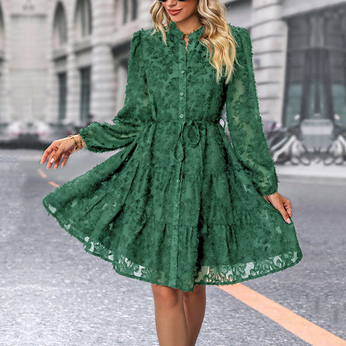 Damen Kleid im romantischen Boho-Stil mit Knopfverschluss und Bindegürtel