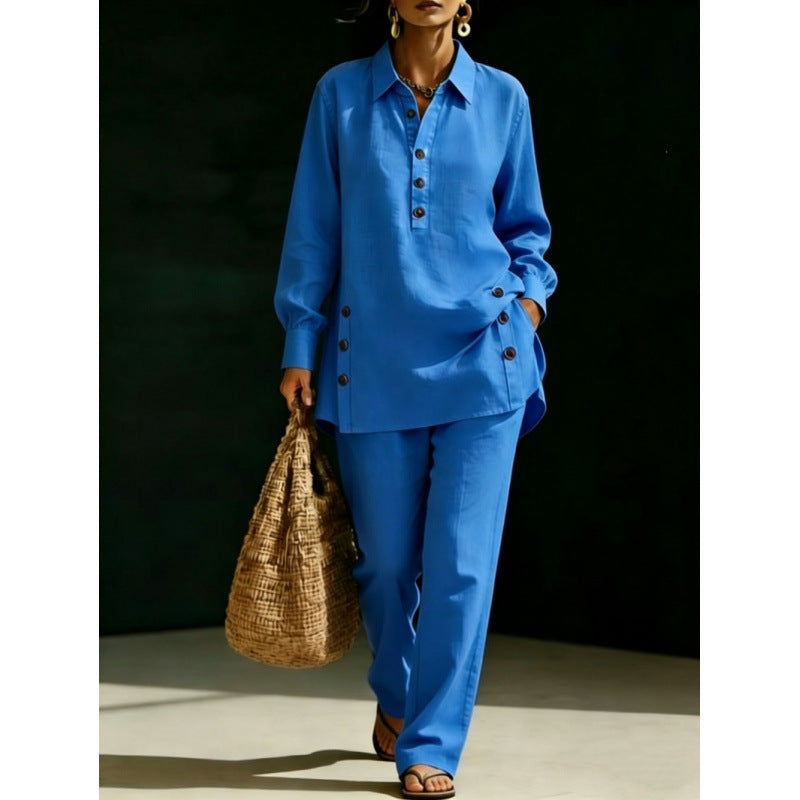 Damen Leichtes Oversize-Hemd-Tunika mit Zierknöpfen und Gerader Bundhose Shop Nory