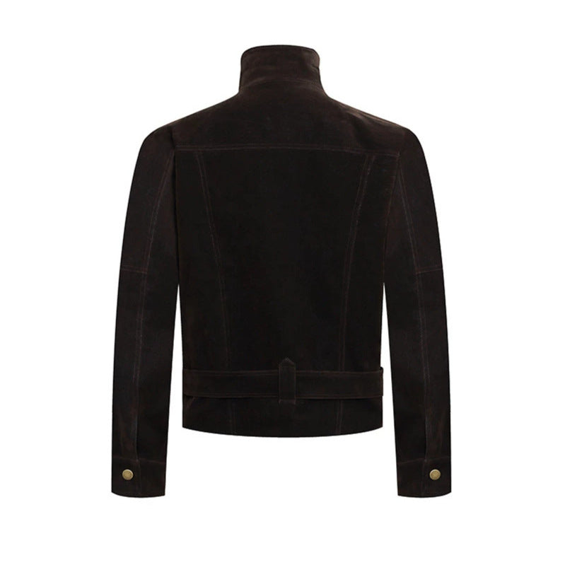 Herren Wildleder-Bikerjacke mit Stehkragen, Druckknopffront und Taillengürtel Shop Nory