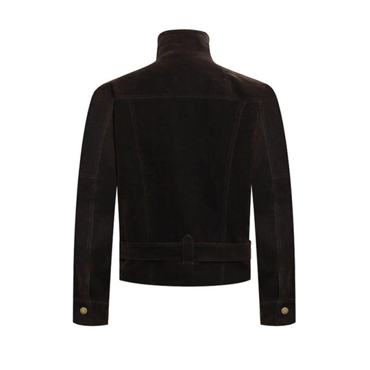 Herren Wildleder-Bikerjacke mit Stehkragen, Druckknopffront und Taillengürtel Shop Nory